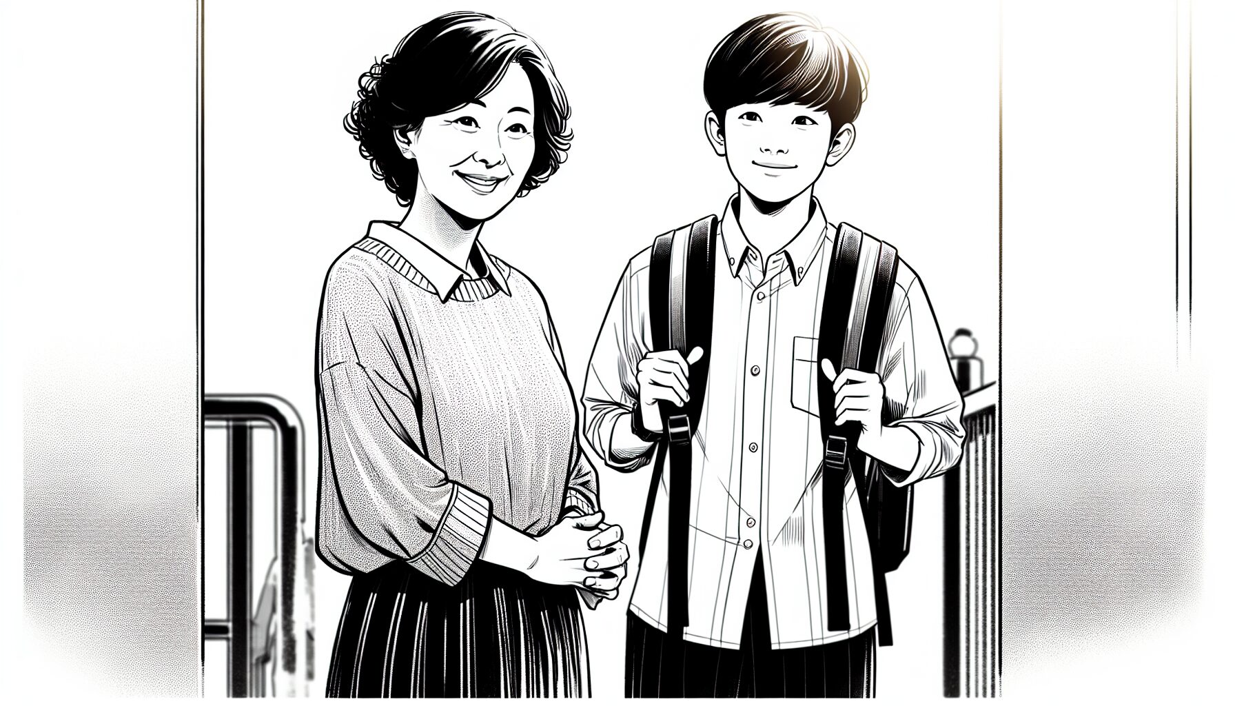 再登校する子どもを見守る母親のイラスト